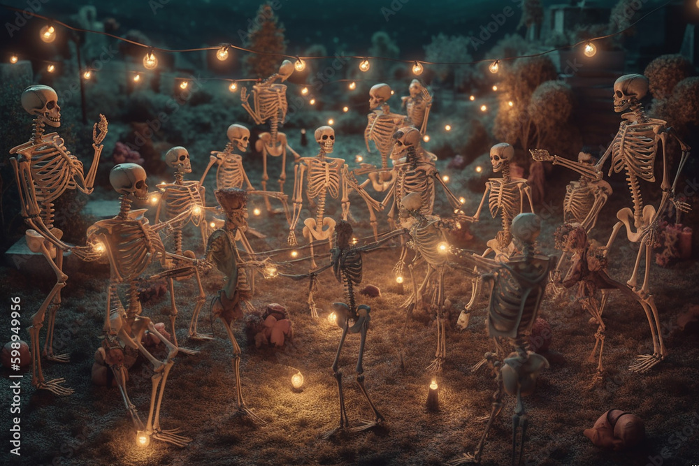 Group of skeletons having rave party on graveyard.