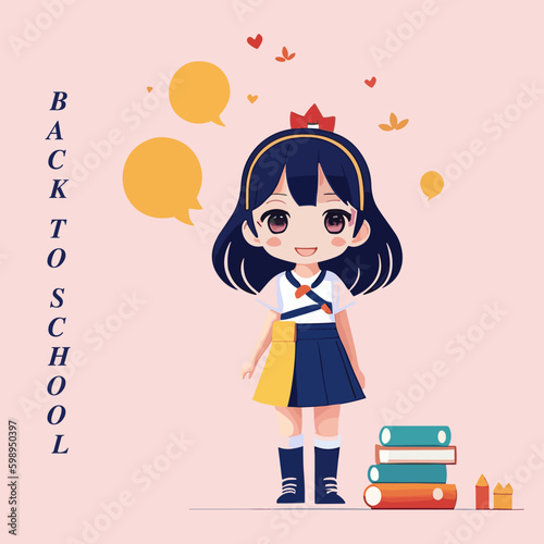 Cute little girl with book and speech bubble. Vector illustration. Back to School