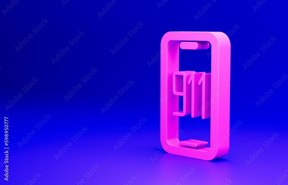 Pink Mobile phone with emergency call 911 icon isolated on blue background. Police, ambulance, fire department, call, phone. Minimalism concept. 3D render illustration