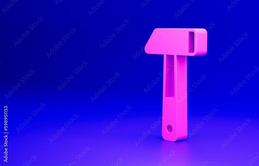 Pink Hammer icon isolated on blue background. Tool for repair. Minimalism concept. 3D render illustration Pink Hammer icon isolated on blue background. Tool for repair. Minimalism concept. 3D render illustration