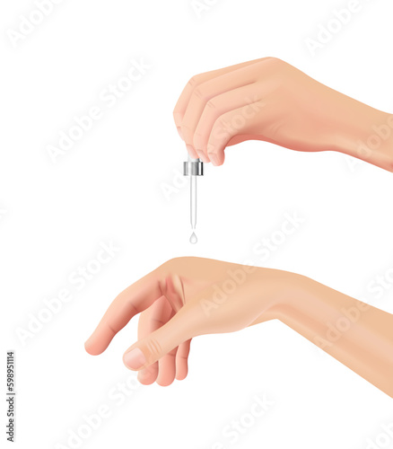Realistic female hand dripping pipette back of hand on white background, Vector illustration. EPS 10.