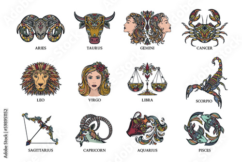 Vector collection of colorful hand drawn zodiac signs