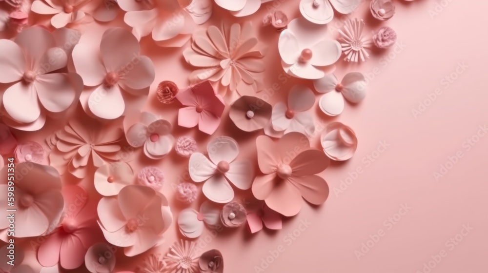 Illustration of a vibrant bunch of pink paper flowers on a soft pink background created with Generative AI technology