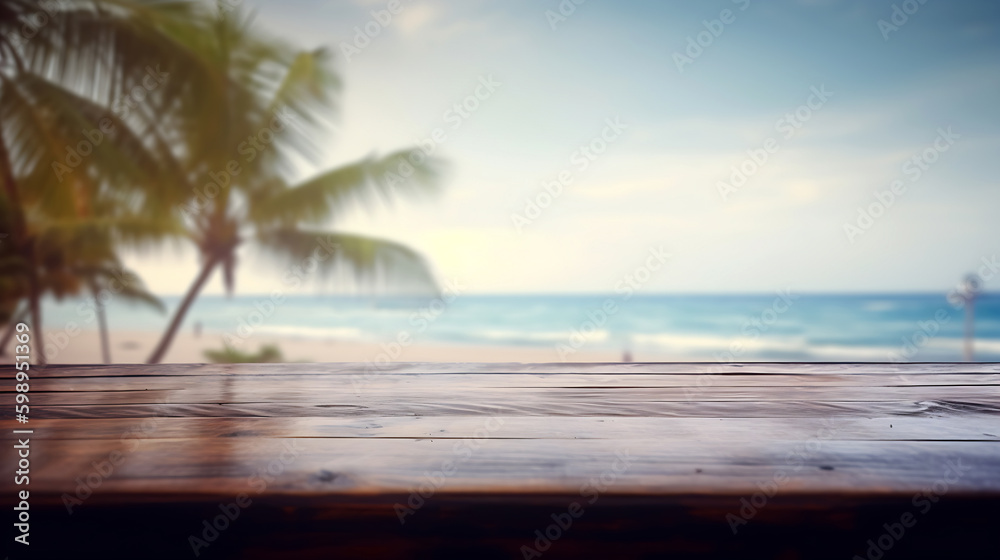 A wooden table with a palm tree on it and a blue sea in the background generative ai A wooden table with a palm tree on it and a blue sea in the background generative ai