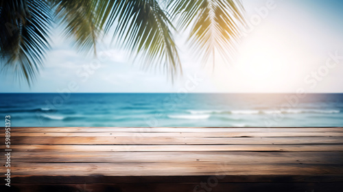 A wooden table with a palm tree on it and a blue sea in the background generative ai