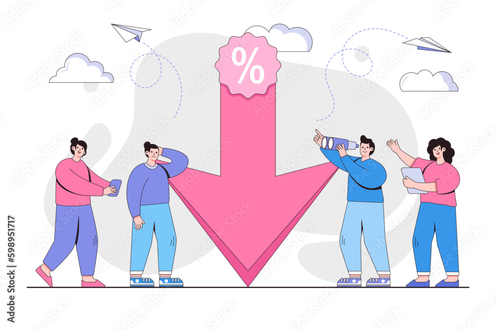 Percent presses down arrow, percent drop concept with people character. Outline design style minimal vector illustration for landing page, web banner, infographics, hero images