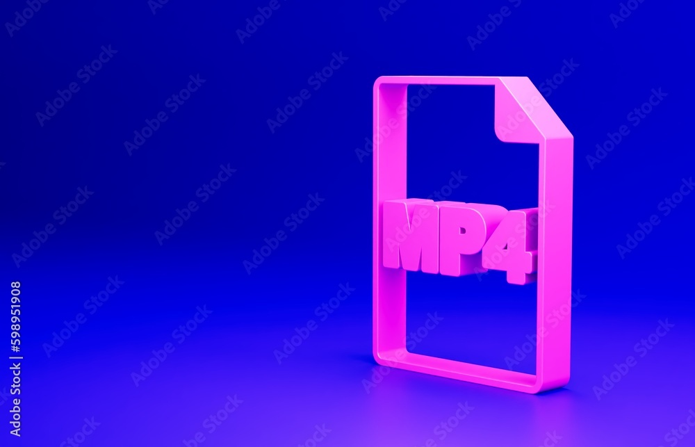 Obraz premium Pink MP4 file document. Download mp4 button icon isolated on blue background. MP4 file symbol. Minimalism concept. 3D render illustration