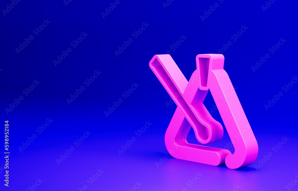 Pink Triangle musical instrument icon isolated on blue background. Minimalism concept. 3D render illustration Pink Triangle musical instrument icon isolated on blue background. Minimalism concept. 3D render illustration