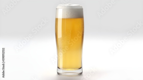 a glass of foamy frothy beer mock up clean studio shot isolated on white.