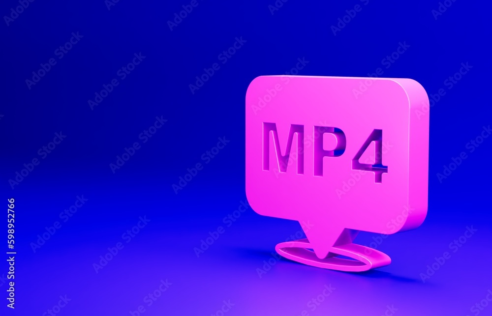 Pink MP4 file document. Download mp4 button icon isolated on blue background. MP4 file symbol. Minimalism concept. 3D render illustration Pink MP4 file document. Download mp4 button icon isolated on blue background. MP4 file symbol. Minimalism concept. 3D render illustration