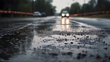 Wet at the middle of the road surface from the rain blurry bokeh background.