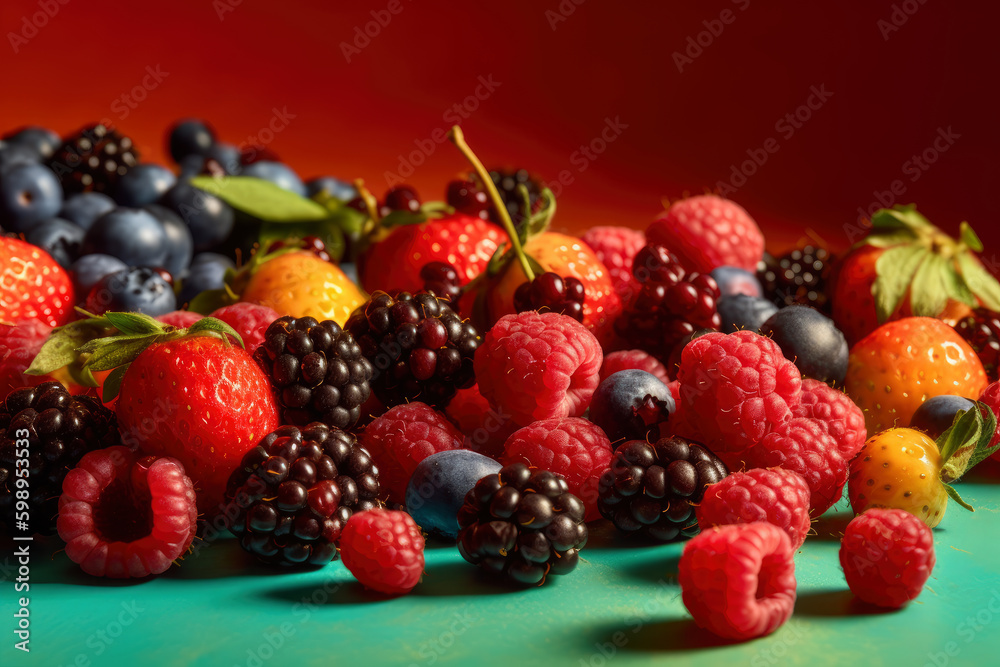 Colorful tasty mix of berry and fruits, strawberry, blueberry, raspberry and blackberry, healthy nutrition concept on red background, AI Generated Colorful tasty mix of berry and fruits, strawberry, blueberry, raspberry and blackberry, healthy nutrition concept on red background, AI Generated
