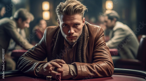 A deadpan gambler sitting at a casino table - ai generative