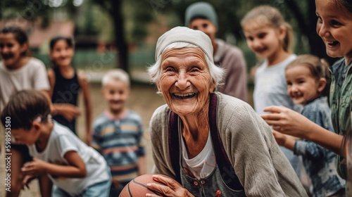 An elderly woman playing basketball with her grandkids  laughing and having fun - ai generative