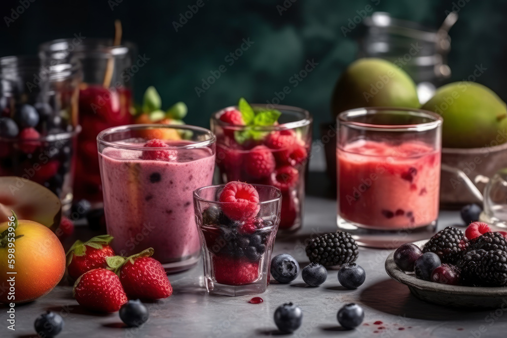 Freshly blended fruit smoothies of various colors and tastes in glass with raspberries, blueberries, strawberries, peach, apple and mint, AI Generated