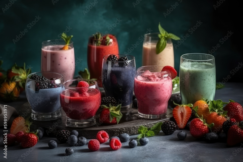Freshly blended fruit smoothies of various colors and tastes in glass with raspberries, blueberries, strawberries and mint, AI Generated Freshly blended fruit smoothies of various colors and tastes in glass with raspberries, blueberries, strawberries and mint, AI Generated