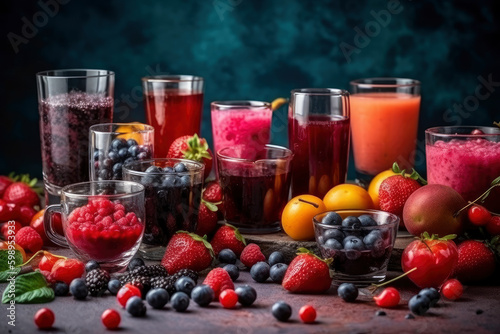 Freshly blended fruit smoothies of various colors and tastes in glass with raspberries  blueberries  strawberries  currant  plum and mint  AI Generated