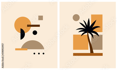 Abstract Tropical Vector Illustration. Black, Gold and Yellow Palm Tree and Desert Island Isolated on a Beige Background. Exotic Landscape Print. Minimalist Geometric Art. Aloha Party Print.