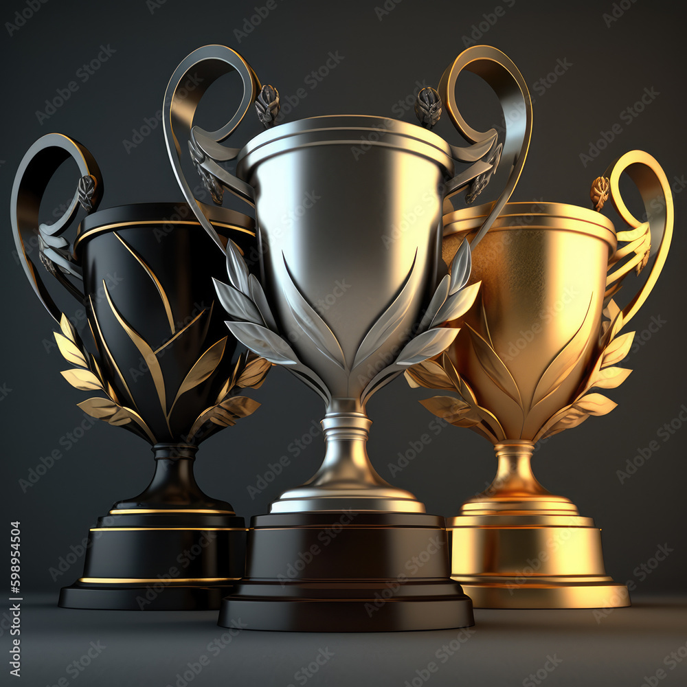 Three trophies, gold silver and bronze award trophies, gold trophy
