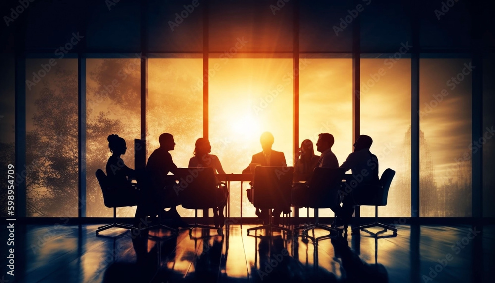 Several people at table gathered around conference table in style of silhouette lighting Several people at table gathered around conference table in style of silhouette lighting