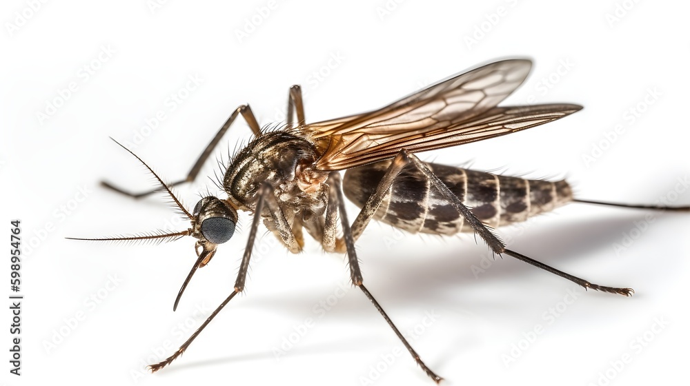 Close up macro shot mosquito aides aegypty isolated on white background studio shot. Generative AI technology. Close up macro shot mosquito aides aegypty isolated on white background studio shot. Generative AI technology.