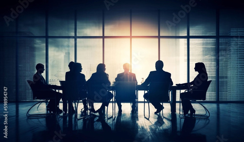 Several people at table gathered around conference table in style of silhouette lighting