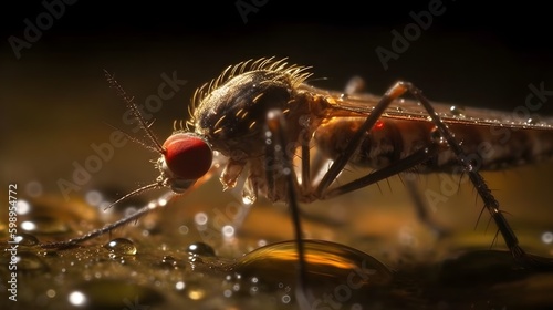 Close up macro shot mosquito aides aegypty in drinking some water. Generative AI technology.