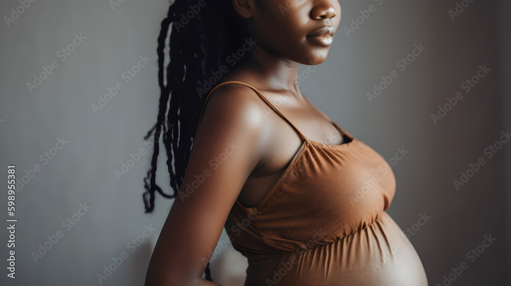 poc pregnant woman close up holding belly wearing brown isolated on gray studio background with copy space, made with generative ai - obrazy, fototapety, plakaty 
