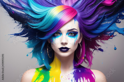 Pretty Woman with Multicolored Hair Paint Splash Painted Body Makeup Gray Background Generative AI Illustration