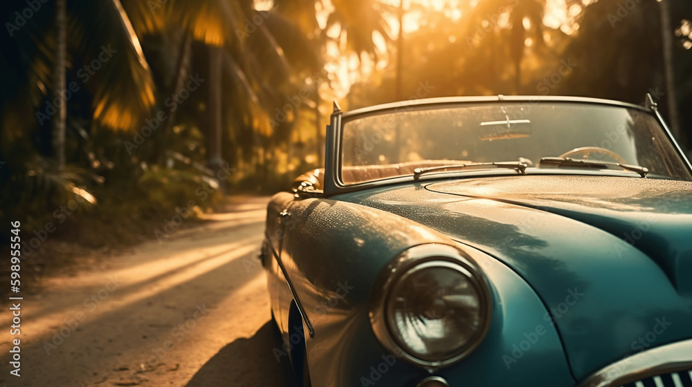 Vintage Vibes: Classic Car and Palm Trees in a Sunny Setting. Ai generative
