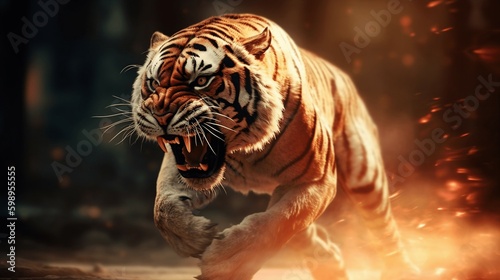 Agrresive tiger attacking with fire on background. Ai generative