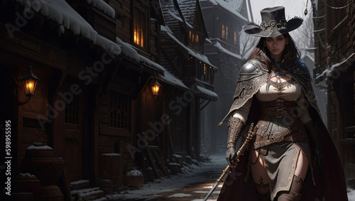 Fantasy Woman In Black Hat  Cape  Metal Shoulder Armor Pauldron Walking Down Dark Snowy Street Generative AI Illustration