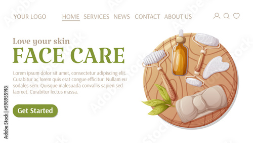 Face care template for website. Round wooden board with gua sha tools, headband, oil serum. Top view. Health and beauty. Love your skin. Vector illustration. For banner, poster, advertising.