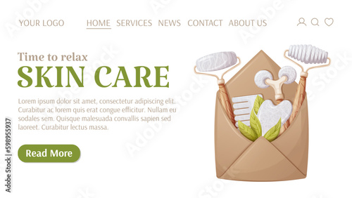 Skin care template for website. Envelope with gua sha massage tools. Scraper, rollers, comb made of natural stones, white agate, rose quartz. Vector illustration. For banner, poster, advertising.