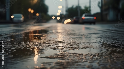 Wet at the middle of the road surface from the rain blurry bokeh background. Generative AI technology.