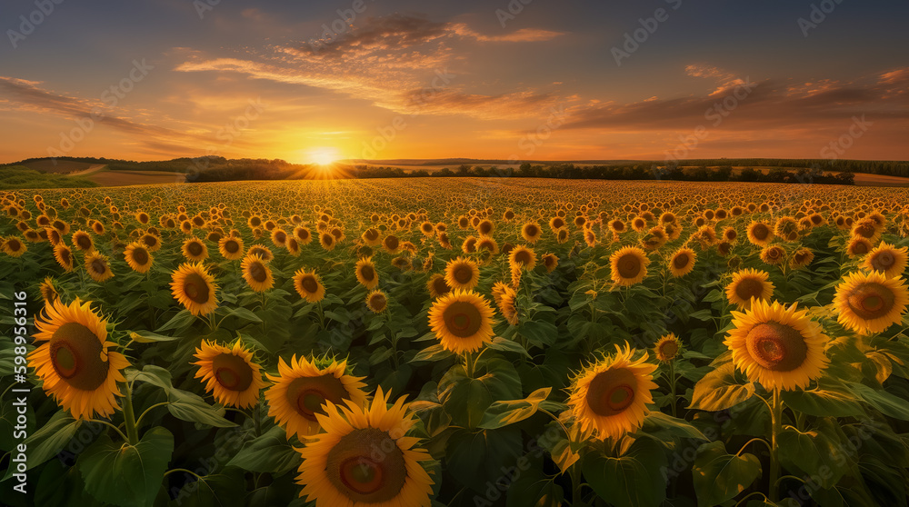 Agricultural field with yellow sunflowers against the sky with clouds. Generative AI