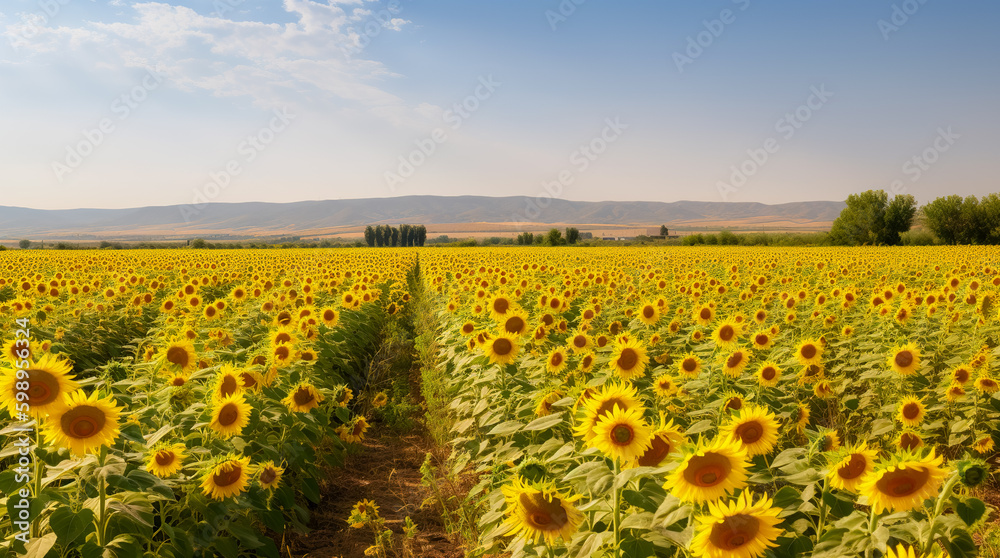 Obraz premium Agricultural field with yellow sunflowers against the sky with clouds. Generative AI