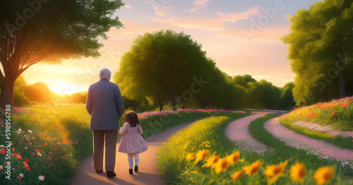 Petite-fille et son grand-père marchent ensemble sur un chemin à travers la campagne,IA générative. photo