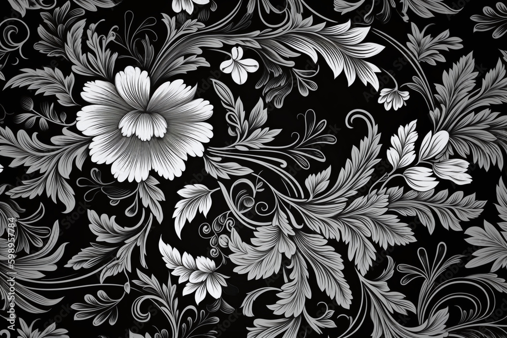 Fond d'écran noir et blanc d'ornements floraux » IA générative