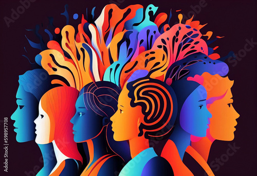 coloful group of unrecognizable people. Concept of mental, emotional and behavioral divergence. Creative people out of the norm. Imaginative human silhoutte creating their own dreams. Six people.