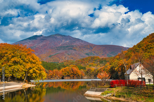 秋の湖に反射する紅葉