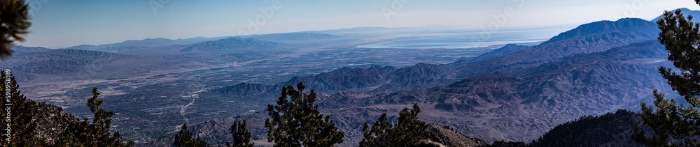 Fototapeta premium Palm Springs, CA, USA - December 1, 2021: Views of Palms Springs surrounding area and Salton Sea as seen from Mt. San Jacinto Stgarte Park
