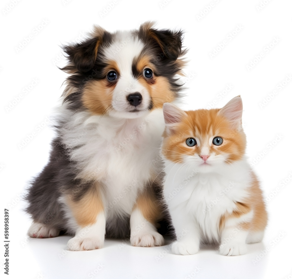 Fototapeta premium Puppy and kitten on white backgrounds. Ai generative. Illustration