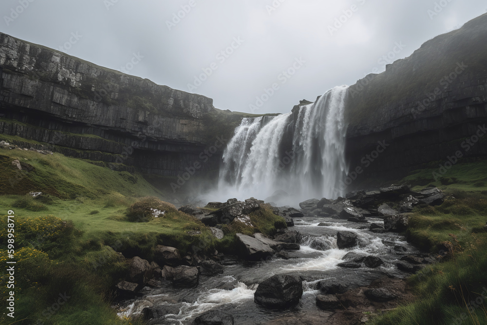 Fond d'écran avec paysage d'une cascade un jour nuageux » IA générative Fond d'écran avec paysage d'une cascade un jour nuageux » IA générative
