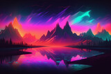 Illustration aux couleurs néons d'un paysage de montagneux » IA générative