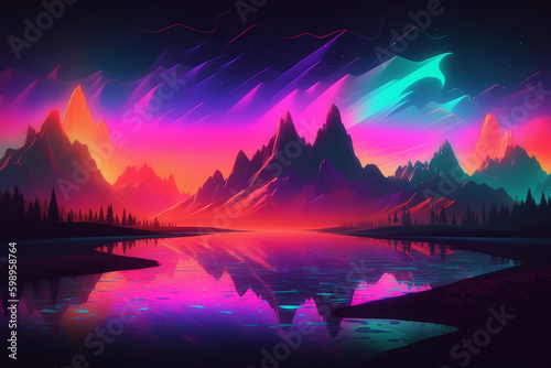 Illustration aux couleurs néons d'un paysage de montagneux » IA générative