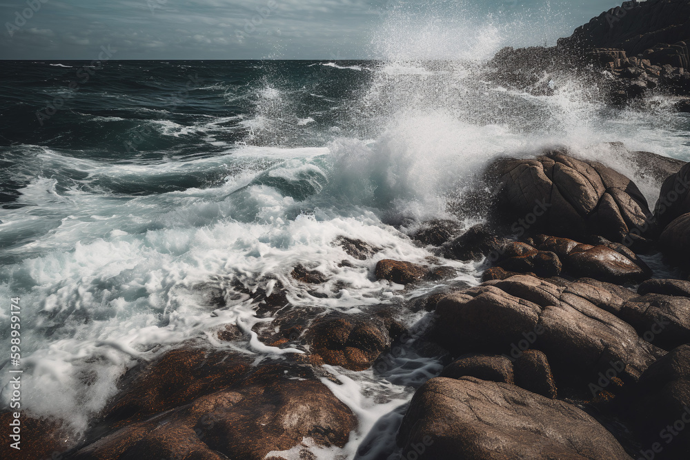 Fond d'écran de vagues s'écrasant sur des rochers en bord de plage » IA générative