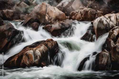 Gros plan sur une cascade d'eau puissante sur des rochers » IA générative photo