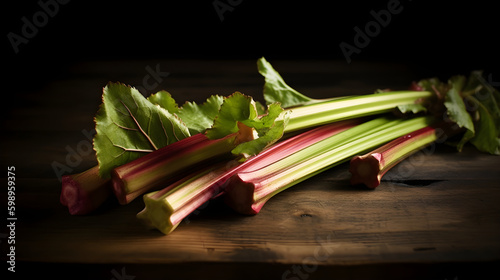 Freshly cut rhubarb stems with leaves on the black background. Generative AI.