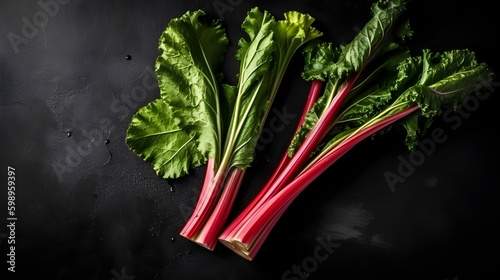Fresh rhubarb stems with leaves on the black background. Generative AI.